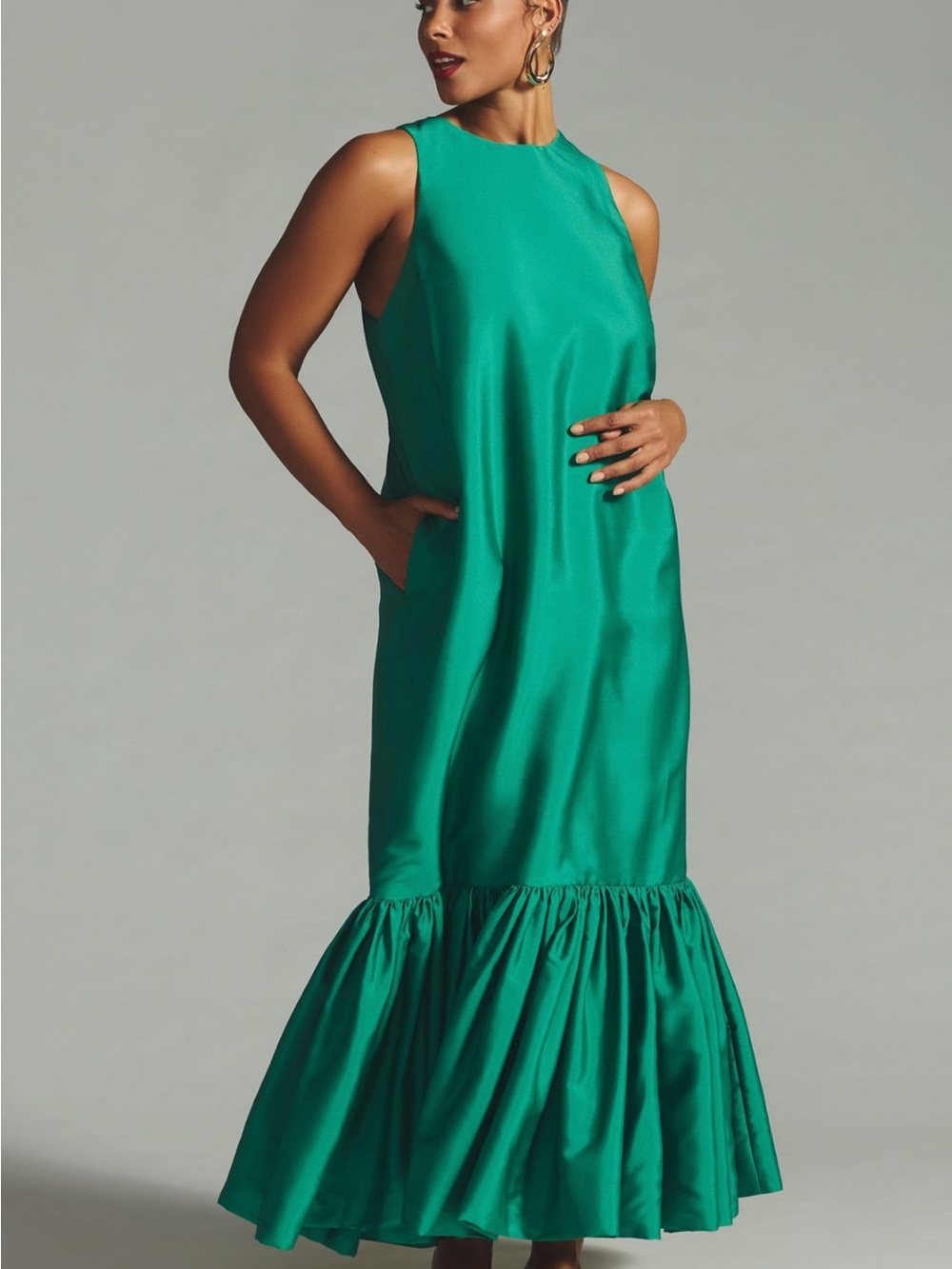 Anthropologie Emerald Green Sleeveless Satin Maxi Dress with Ruffle Hem - Picture 1 of 4
